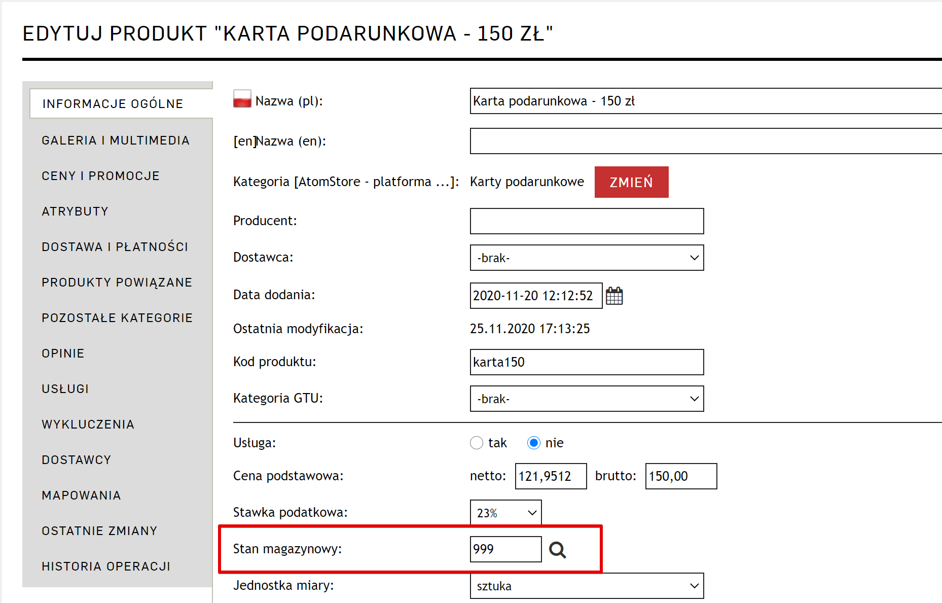 dodawanie karty podarunkowej do sklepu na AtomStore